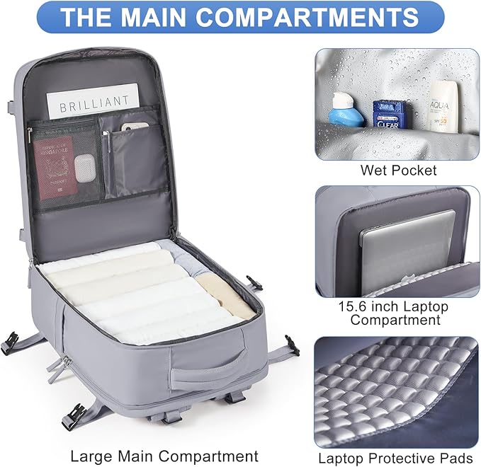 Grey Travel Backpack - Carry On Flight Approved Mochila De Viaje Personal Item - Large Backpack for Men & Women - 18x14x8 Inches