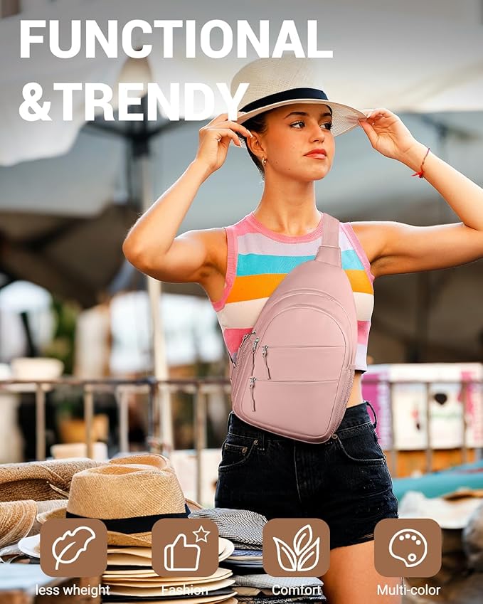 Tuwubi Crossbody Bags for Women, Sling Bag for Men, Small Hiking Backpack Anti Theft Lightweight for Outdoors Travel (L, Pink)