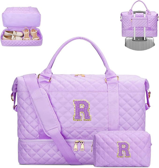 Birthday Gift for Teenage Girl Initial Travel Duffle Bag Quilted Weekender Bags Carry-On Overnight with Cosmetic Bag, Gym Bag with Shoe Compartment for Women Labor Delivery, Purple-R