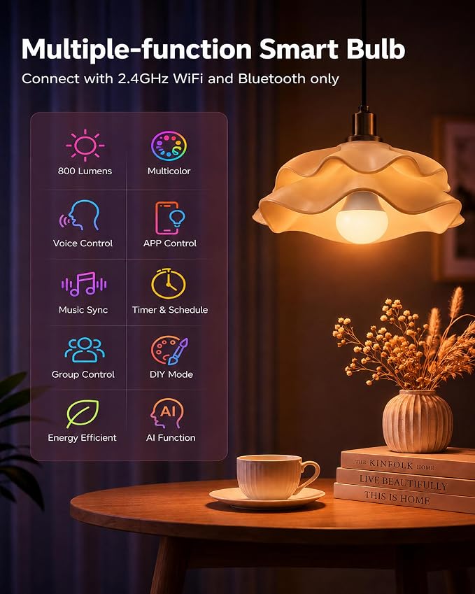 TJOY Smart Alexa Light Bulbs, Bluetooth WiFi Led Bulb Compatible with Alexa &Google Assistant, RGB Color Changing Bulbs, Music Sync, 9W(60W Equivalent), A19 E26 800LM(2.4Ghz WiFi only), 6 Pack | Color Changing Light Bulbs with Music Sync, App Control, ...