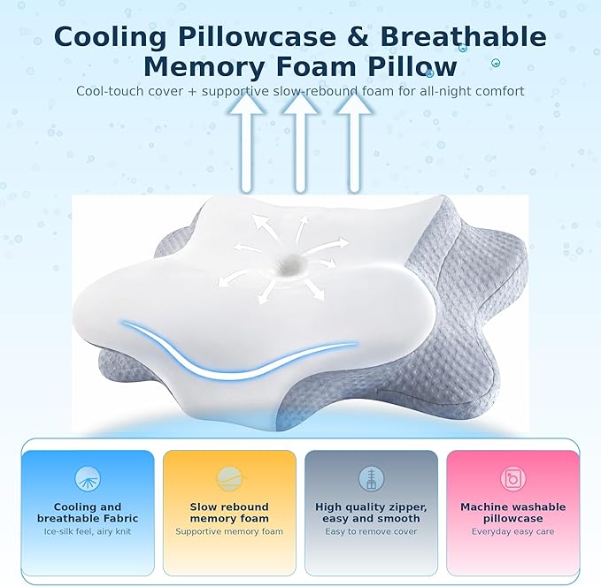 Cervical Neck Pillow - Memory Foam Pillow for Pain Relief Sleeping, Ergonomic Neck Support Contour Pillows for Side Back Stomach Sleepers,Orthopedic Breathable Pillowcase (Grey White)