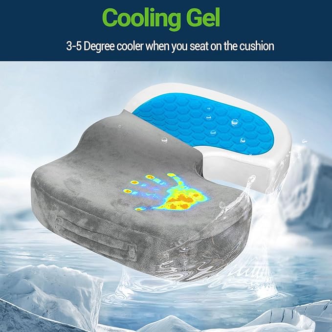 Season Guard Gel Seat Cushion – Office Chair Cushion – Non-Slip Gel Memory Foam Coccyx Cushion for Tailbone Pain - Desk Chair Car Seat Cushion Driving - Sciatica Back Pain Relief, Velvet, Grey