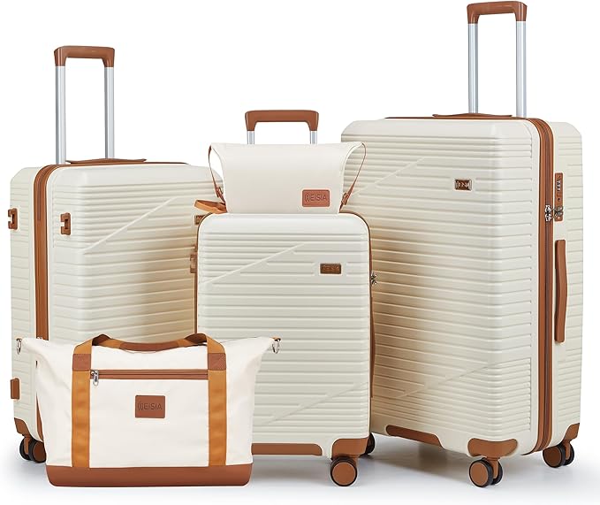 Luggage Sets 3 Piece, Hard Shell Carry on Suitcase with Spinner Wheels and TSA Lock, Travel Lightweight Luggage Set with YKK Zippers (Beige, 5 piece sets（20/24/28/DB/TB)