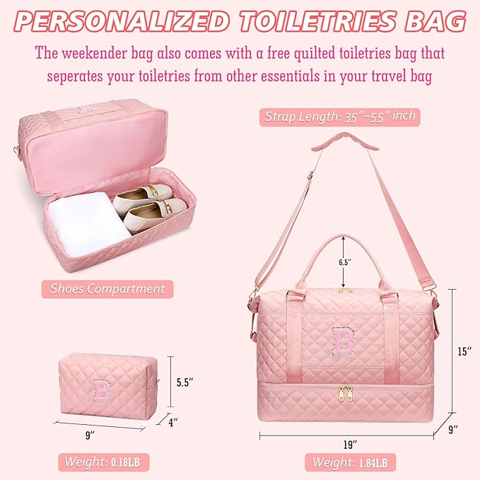 Gifts for Daughter Girls Birthday Initial Travel Duffle Bag Quilted Weekender Bags Carry-On Overnight with Makeup Bag, Gym Bag with Shoe Compartment, Pink-B