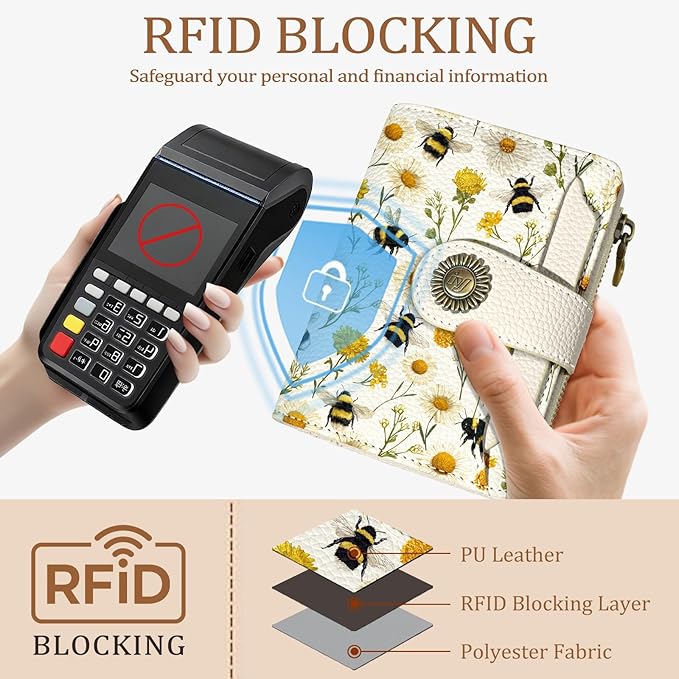 Icycay Floral Bee Small Wallet Women RFID Blocking Bifold, Credit Card Holder, Zipper Coin Pocket, PU Leather, Cute, Compact, Travel, 4 ID Window, 14 Card Slots, Cash Purse, Ladies Woman Female Girls