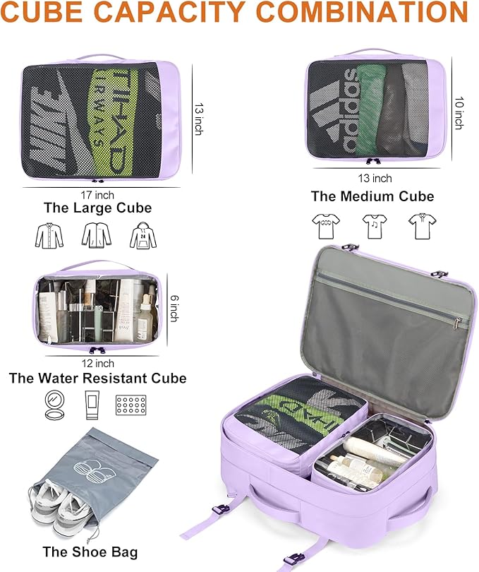 Lumesner Carry on Travel Backpacks, Extra Large 40L Flight Approved Bag for Men & Women,Expandable Suitcase Backpack With 4 Packing Cubes,Water Resistant Luggage Daypack Business Weekender Bag, Purple