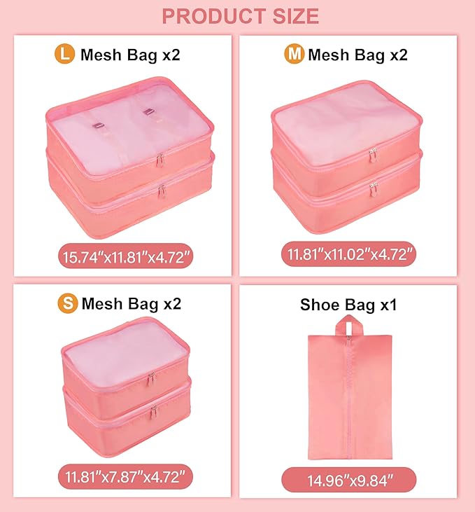 Packing Cubes, 7 Pcs Travel Packing Organizers for Suitcases, Large Capacity Travel Luggage Organizer Set includes 7 Storage Bags, Travel Essentials for Women or Men (Pink)