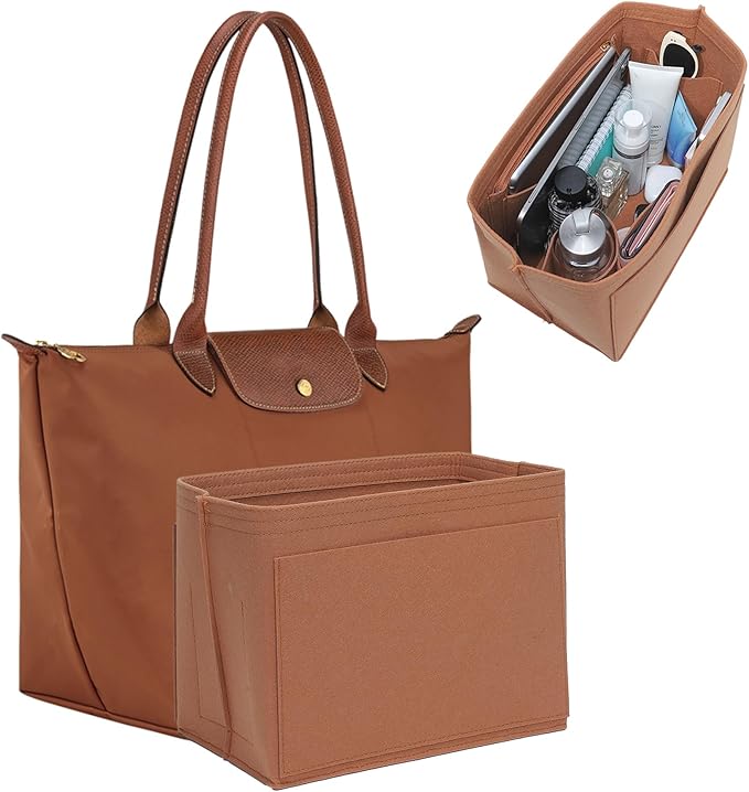 Premium Felt Purse Organizer Insert for Longchamp Le Pliage, Zipper Long Champ Bag Organizer Insert with Cup Holder, 9 Compartments