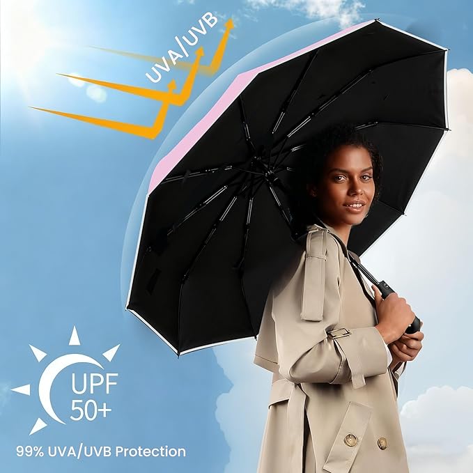 SIEPASA Travel Umbrella with Carabiner Handle - Windproof 10 Ribs Auto Open/Close for Rain & Sun Protection, Compact Portable Clip-on Backpack Design with Safety Reflective Strip.