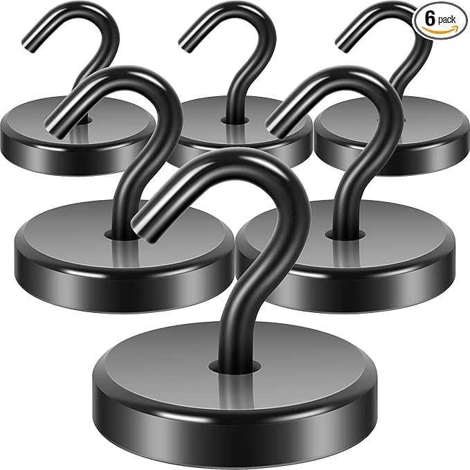Neosmuk Magnetic Hooks, Heavy Duty 170lb Strong Magnets for Cruise Cabins, Ship Essentials, Large Metal Hooks for Hanging on Fridge(Black,Pack of 6)