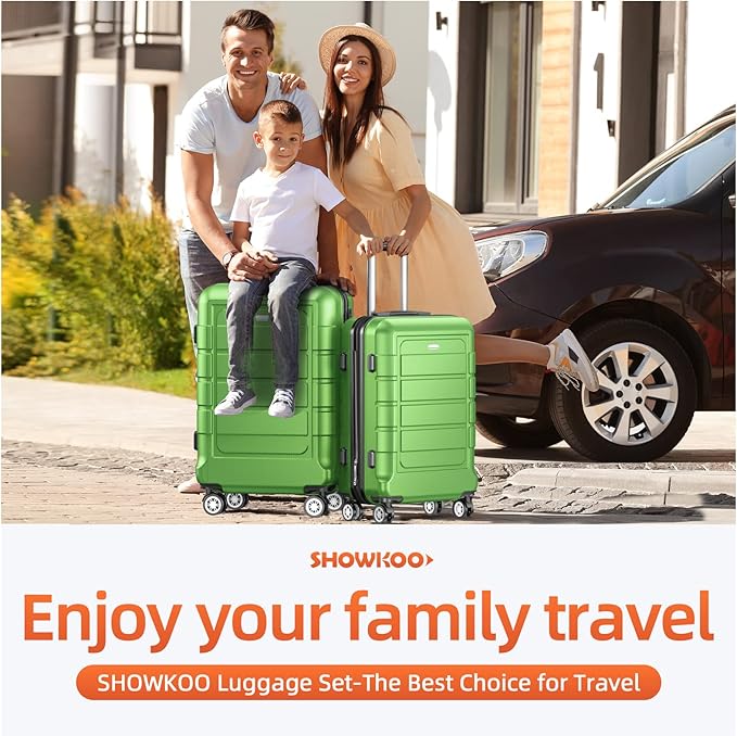 SHOWKOO Luggage Sets Expandable 100% PC Durable Suitcase Sets Double Wheels TSA Lock Green 3pcs
