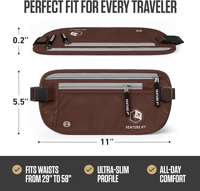 VENTURE 4TH Money Belt for Travel – Hidden Under-Clothes RFID Blocking Passport Holder & Slim Travel Wallet Pouch for Men & Women to Protect Cash, Cards & Documents (Brown)