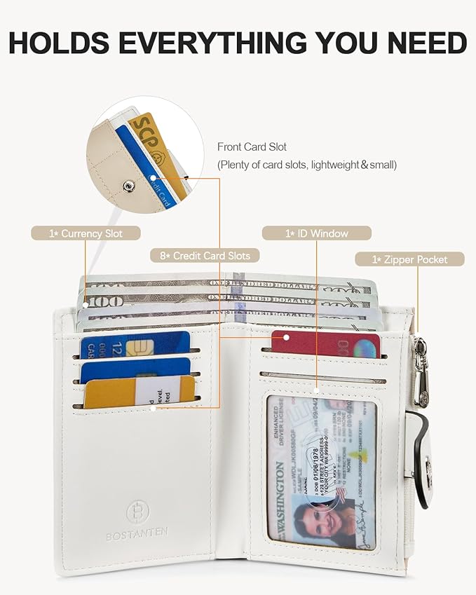 BOSTANTEN Small Wallet for Women Leather RFID Blocking Card Holder Bifold Compact Wallets With Zipper Coin Pocket Beige＆khaki