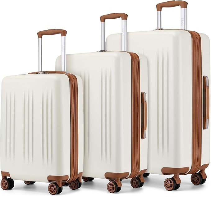Kono Expandable Luggage 3 Piece Set Hardshell Lightweight 20in 24in 28in Carry On Suitcase with Spinner Wheels TSA Lock (Cream White & Brown)