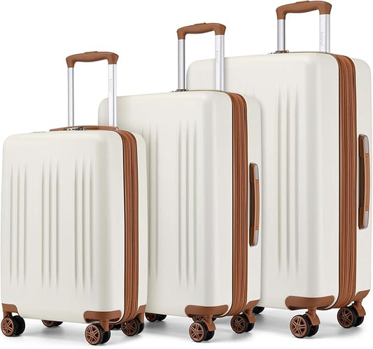 Kono Expandable Luggage 3 Piece Set Hardshell Lightweight 20in 24in 28in Carry On Suitcase with Spinner Wheels TSA Lock (Cream White & Brown)