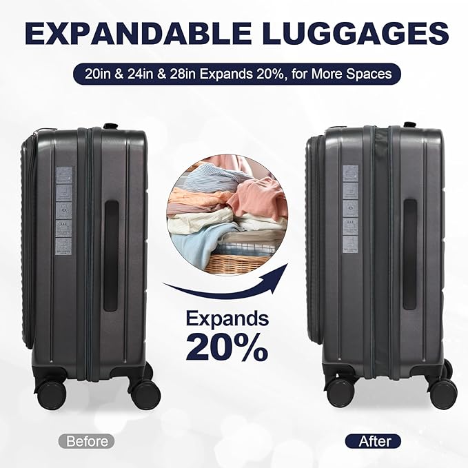 Merax Luggage Sets 3 Piece,Front Open PC Hardshell Expandable Carry on Suitcase with Spinner Wheels and TSA Lock,Lightweight 20in/24in/28in Luggage,Black-1