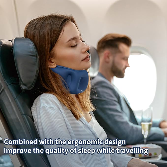 Inflatable Neck Pillow, Travel Pillow for Airplane, Traveling, Office, and Car, Chin Support Neck Relief - Airplane Travel Essentials（Blue