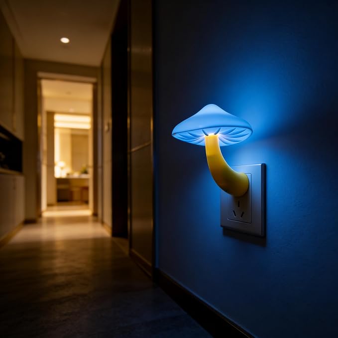 AUSAYE 3Pack Sensor LED Night Light Plug in Lamp Magic Mushroom Nightlight Cute Night Lights for Adults Kids Bedroom, Bathroom,Toilet,Hallway,Stairs,Kitchen Blue