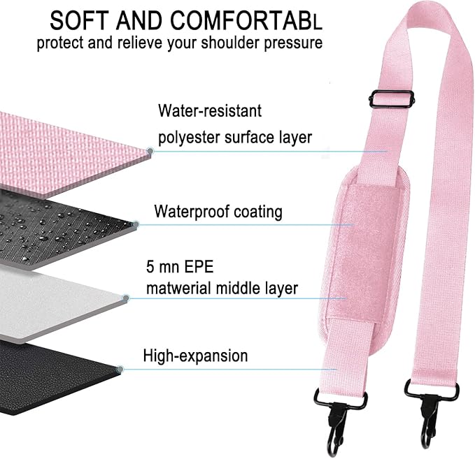 Askuko Shoulder Strap, 56 Inch Universal Adjustable Shoulder Belt Replacement Laptop Bag Shoulder Strap with Metal Hooks for Briefcase, Laptop Messenger Crossbody Bag, Luggage Duffel Camera, Pink