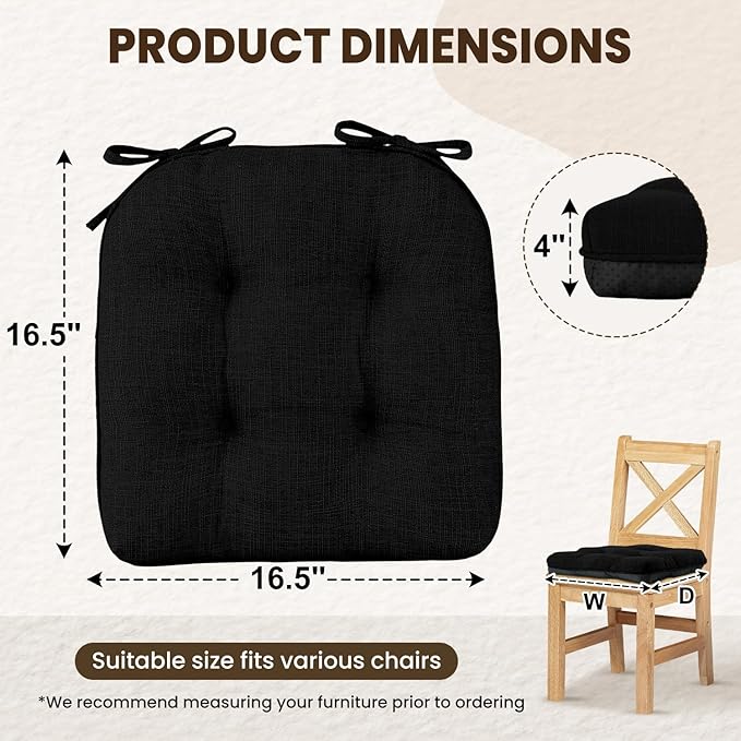 downluxe Indoor Chair Cushions for Dining Chairs, Tufted Overstuffed Textured Kitchen Chair Pads with Ties and Non-Slip Backing, 16.5" x 16.5" x 4", Black, 4 Pack