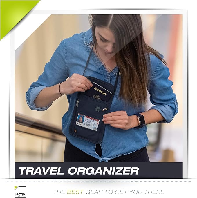 Lewis N. Clark RFID Blocking Stash Neck Wallet, Travel Pouch + Passport Holder for Women & Men, Navy
