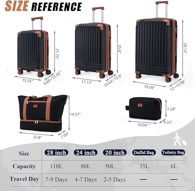 KUNEL Expandable 5 Piece Luggage Sets with Detachable Spinner Wheels and TSA Lock, Unisex Hardside ABS Suitcase Set, Hardshell Lightweight Waterproof Travel Hard Case Suitcases with Wheels, Black