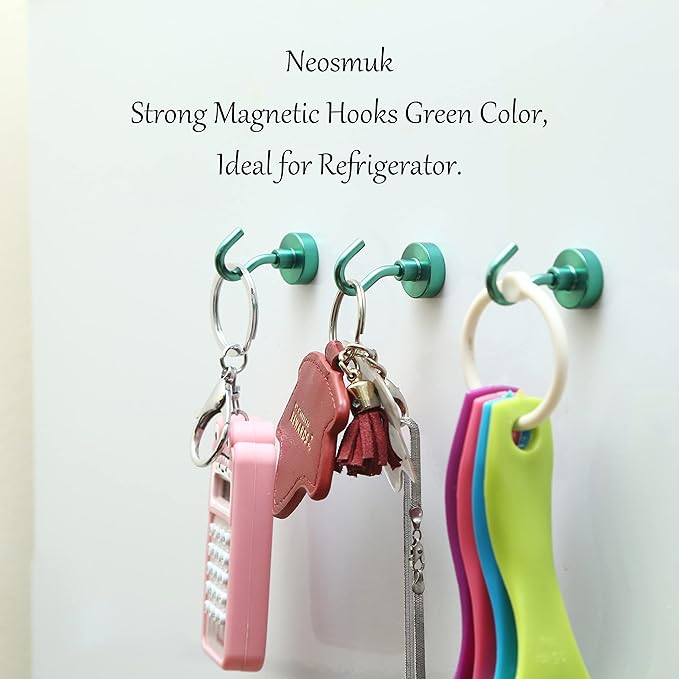 Neosmuk Magnetic Hooks, 30lb+ Heavy Duty Earth Magnets with Hook for Refrigerator, Extra Strong Cruise Hook for Hanging, Magnetic Hanger for Cabins, Grill (Green, Pack of 6)