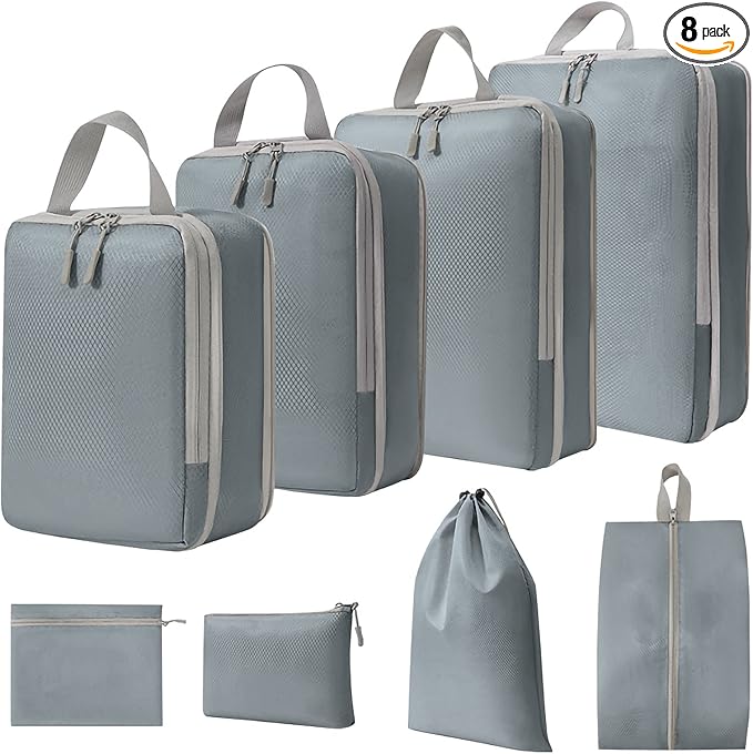 WOOMADA Compression Packing Cubes for Suitcases Travel Essentials 8 Set Expandable Travel Bags Organizer for Luggage(concrete grey)