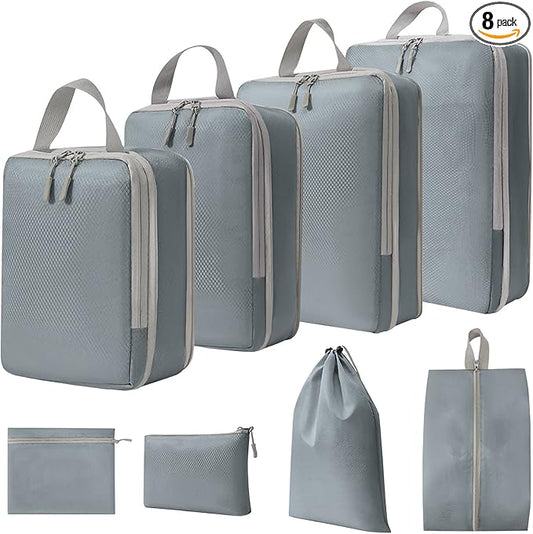 WOOMADA Compression Packing Cubes for Suitcases Travel Essentials 8 Set Expandable Travel Bags Organizer for Luggage(concrete grey)
