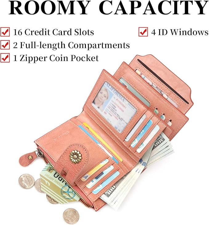 Wallet Women,RFID Blocking Leather Womens Wallet Bifold Compact Card Holder Small Wallet for Women with Removable ID Window Pink