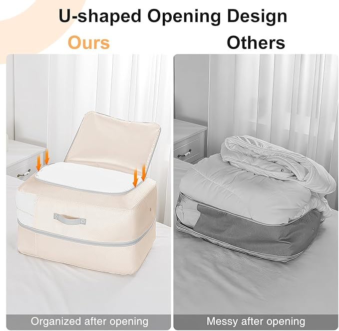 Comforter Storage Bag - 110L Large Capacity Blanket Storage Bags 2-Layer Ultra Space Saving Self Compression Organizer, Washable Compression Bags for Storage Comforter Blanket, 1-Pack, Beige