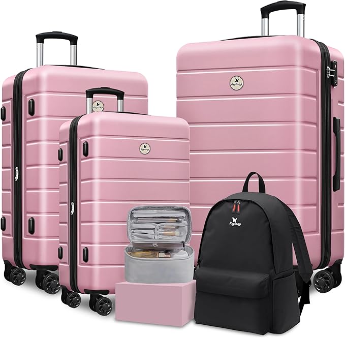 Classic Luggage Sets 5 Piece, Carry-On Luggage with Spinner Wheels, Lightweight Hardside Suitcase Set with TSA Lock,Travel Backpack & Makeup Bag, 20/24/28 inch, Pink