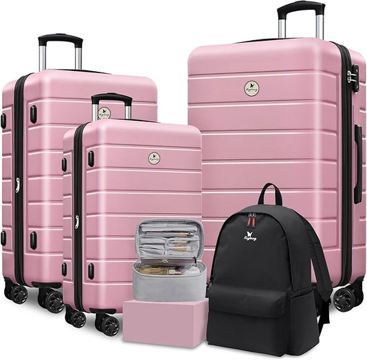 Classic Luggage Sets 5 Piece, Carry-On Luggage with Spinner Wheels, Lightweight Hardside Suitcase Set with TSA Lock,Travel Backpack & Makeup Bag, 20/24/28 inch, Pink
