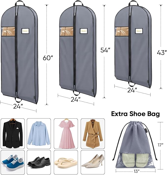 BALEINE 5PK Heavy Duty Garment Bag with Shoe Storage Travel Bag for Dresses, Suit, Coats Travel Essential (54", Grey)