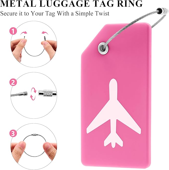 5 Pack Silicone Luggage Tag for Suitcases with Stainless Loop, TSA Approved, Privacy Protection Travel Essentials Bag Tags by Gostwo, Pink