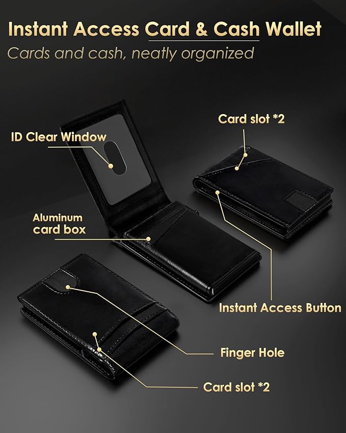 QLD Wallet for Men - RFID Blocking [Functional & Practical] Bifold Slim Minimalist Credit Card Holder Pop Up Metal Case with Cash Slot, Front Pocket with ID Window, Gift Boxed (BLACK)