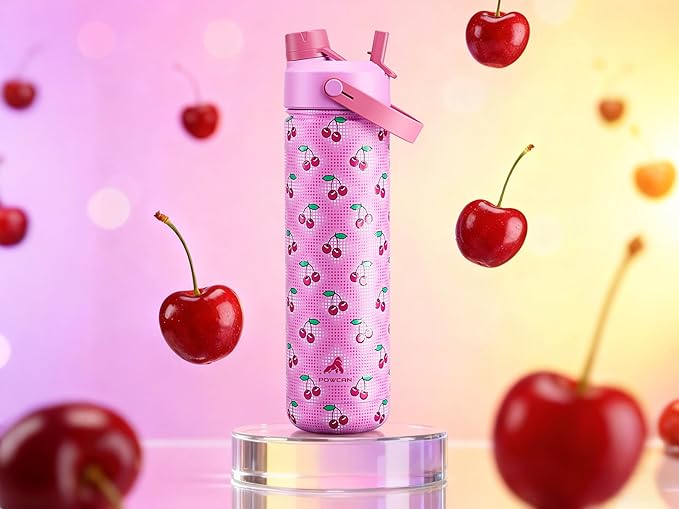 POWCAN 26 oz Insulated Water Bottle with 2-in-1 Straw and Spout Lid, Keep Cold 24H, Leak-Proof, Fits in Car Cup Holder, Stainless Steel Water Bottle for Sports, Travel, Gift and School (Cherry Pop)