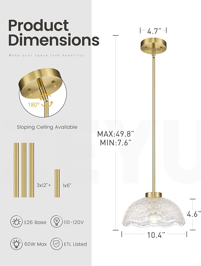 zeyu 10.4 Inch Vintage Single Pendant Light Fixture, Gold Vintage Hanging Lamp, Brushed Gold Pendant Light Kitchen Island with Clear Hammered Glass, ZJX116M1L BG