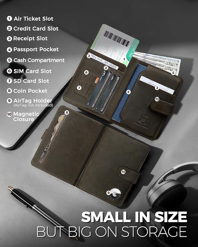 LORZOR Passport Holder for Travel: Full Grain Leather Passport Cover with Airtag Holder Magnetic Buckle for Men - RFID Blocking Bifold Wallet for Air Ticket Card Cash Coin (Black-yellow)