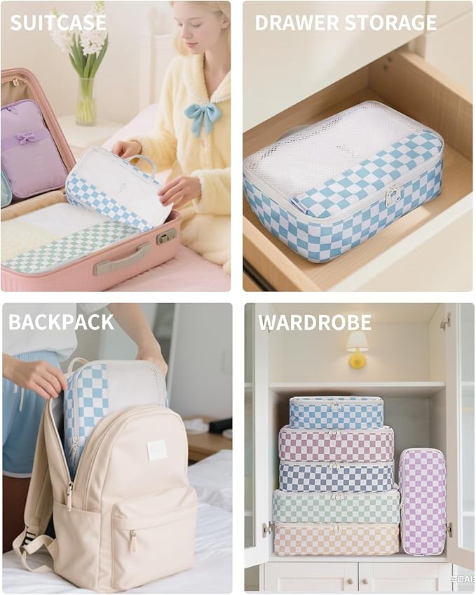 Narwey 7 Set Checkered Packing Cubes for Travel Kids Women, Durable Packing Organizer Bags for Carry on Suitcase Luggage Travel Essentials Accessories (Combined Checkerboard)