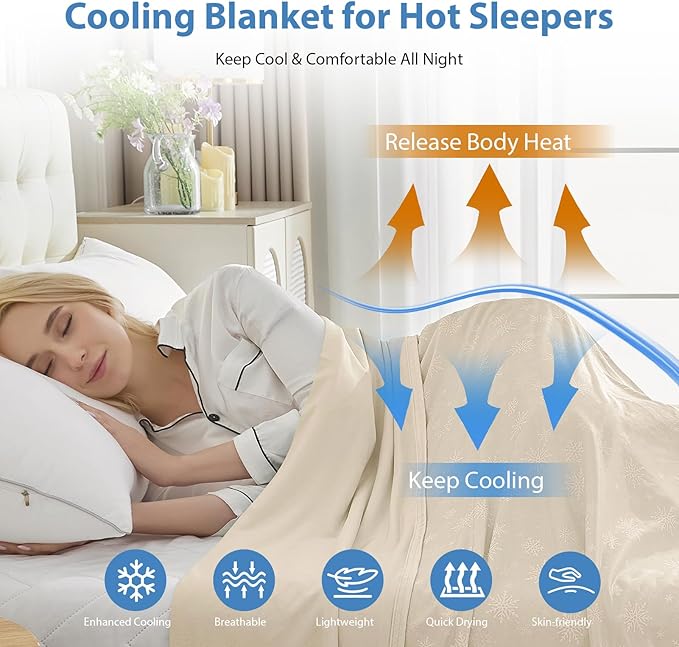 OIGAE Cooling Blanket for Hot Sleepers - Soft & Lightweight Summer Cold Blanket for Night Sweats | Perfect for Bed, Couch, Sofa (Beige, Twin 60'' x 80'')