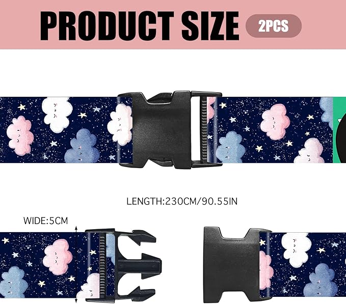 Nuxovilar Luggage Straps of 2 Set Cartoon Clouds Stars Pattern, 1.96x90.5 inches - Luggage Straps for Suitcases, Great for Night Trips, Family Travel, Daily Use