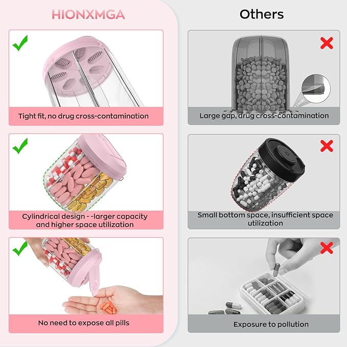 Pill Dispenser with 7 Large Compartments, Pill Bottle Organizer for Travel, Supplement Organizer with Anti-Mixing Design, BPA-Free Pill Container with 20 Pcs Labels, Pink + Black