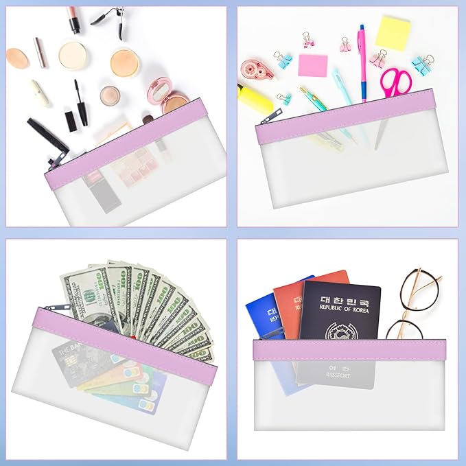 4 Pieces Money Bags With Zipper, Cash Envelopes,7.6 x 3.7 inch Money Pouch, Clear Bank Deposit Bags, Bank Bag, Cash Bag, Coin Bag for Collectors, Multi-Purpose Check Wallet （Purple）