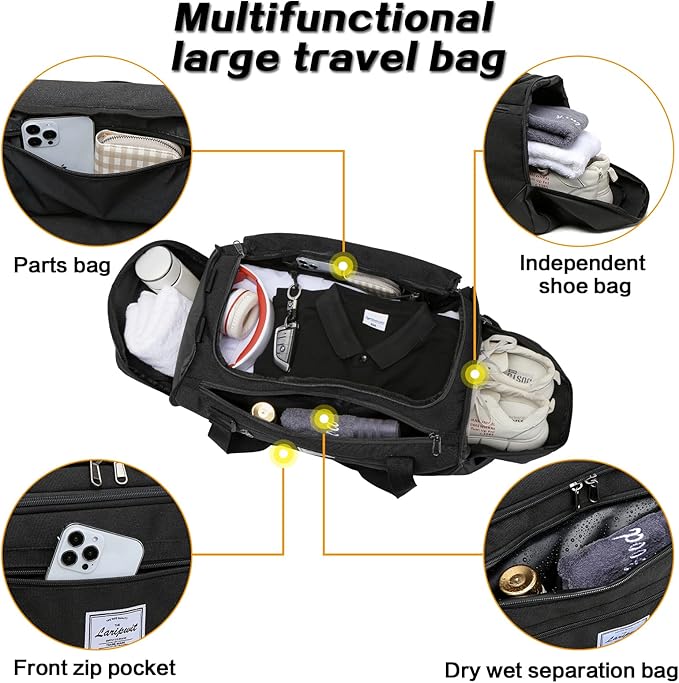 Laripwit Travel Duffle Bag for men 40L Medium Sports Gym Bag with Wet Pocket & Shoes Compartment Weekender Overnight Backpack for Traveling Duffel Bag Backpack for Women, Black