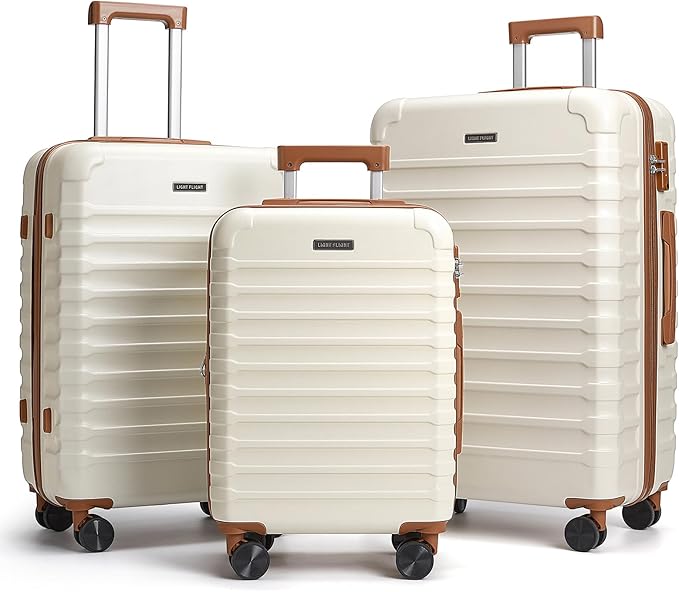 LIGHT FLIGHT Luggage Sets, 3 Piece Durable Suitcase Set with Spinner Wheels, 3 Pcs Hardside Lightweight luggage with TSA Lock, Large Checked Travel Suitcases, 20/24/28 Inch,White
