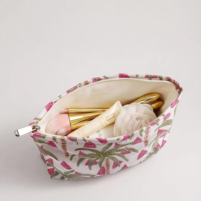 HAPPYHEIDI Makeup Bag Set 2, Cute Cosmetic Pouch, Coconut Trees Pattern, Cotton Blend, Floral, Zipper, 2 Count
