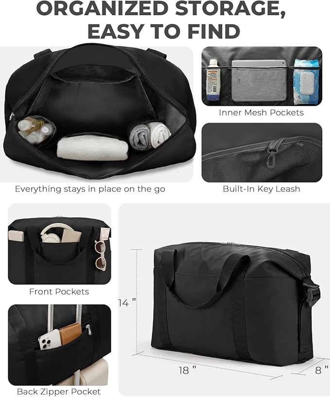Percover Weekender Travel Duffel Bag for Women, Lightweight Soft-Structure 33L Carry-On, Water-Resistant Nylon with Shoulder Strap & Trolley Sleeve, Personal Item Friendly, Midnight Black