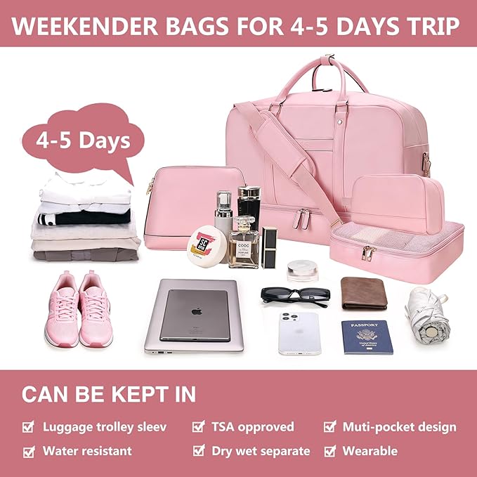 Weekender Bag for Women Men, Large Overnight Bag Faux Leather Travel Duffel Bag with Shoe Compartment Toiletry Packing Cube Carry On Bag Fit 21" Laptop 3Pcs Set (4PCS Pink)
