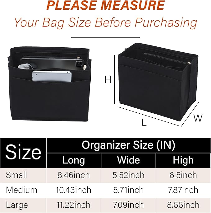 Premium Felt Purse Organizer Insert for Longchamp Le Pliage, Zipper Long Champ Bag Organizer Insert with Cup Holder, 9 Compartments,S/Black